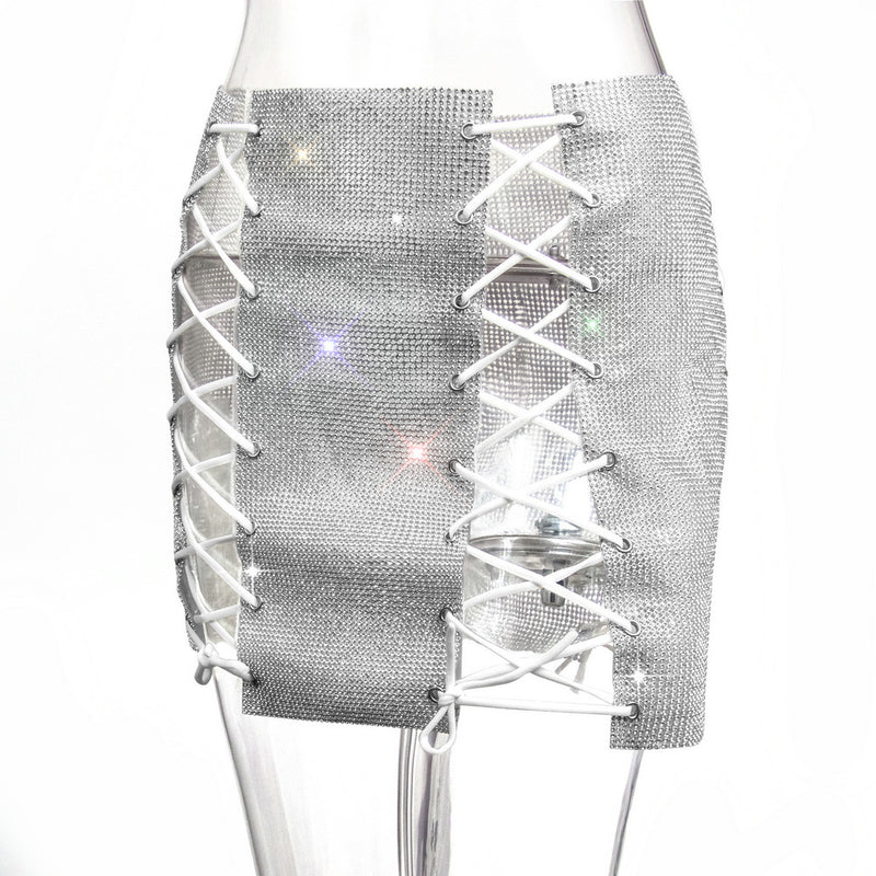 BlingBling Rhinestones Laced-up Skirt, Shining Crop Tops, ClubWear Show Wear - KellyModa Store