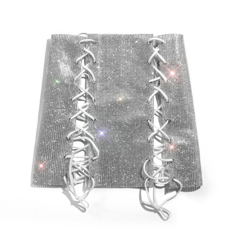 BlingBling Rhinestones Laced-up Skirt, Shining Crop Tops, ClubWear Show Wear - KellyModa Store