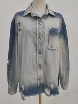 Tie Dyed! Boy Friend Plus Sized Ripped Buttoned-up Denim Jeans Shirt Blouse, Denim Women's Shirt 2210