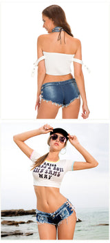 Side Lace Up Low Waisted Denim Hot Shorts, Sexy Jeans Women Jeans, Femme Bottoms, Hot Pants