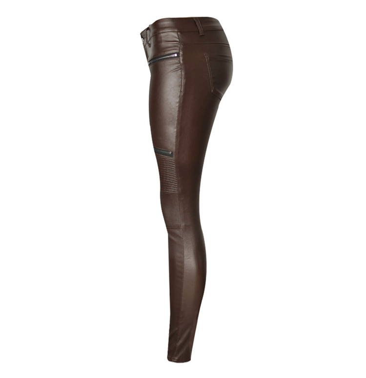 Coffee PU Skinny Motocycle! Leather Pants, Bottoms, Women Jeans, Femme Bottoms, Pants - Bohedian.Shop