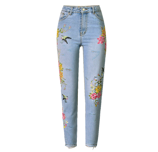 Birdie and Flowers! Distressed Blue Jeans, Embroidered Denim, Women Jeans, Femme Bottoms - Bohedian.Shop