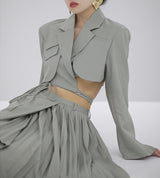 Blazer Crop Top and Pleated Skirt 2-piece Set! Blazer and Skirt Designer Fashion 2207