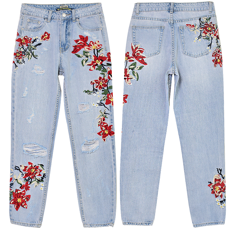 Flowers! Heavy Embroidered Blue Jeans, Ripped Denim, Bottoms, Women Jeans, Femme Bottoms - Bohedian.Shop