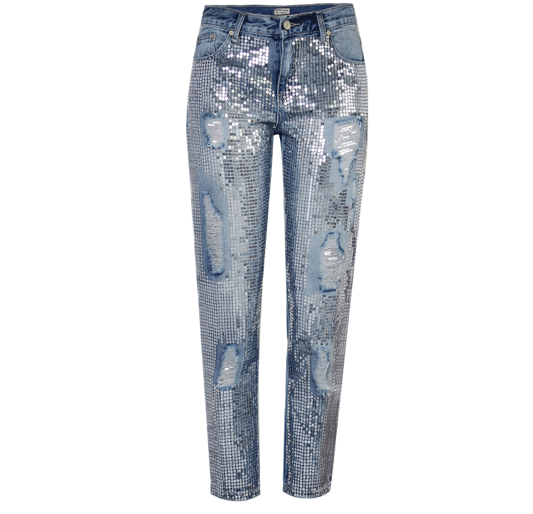 BlingBling!Blue Jeans Denim with Sequins, Ripped Women Jeans, Femme Bottoms, Pants Trousers - Bohedian.Shop