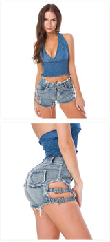 Buckles Sexy Ripped High Waisted Denim Hot Shorts, Sexy Jeans Nightclub Wear, Hot Pants 648