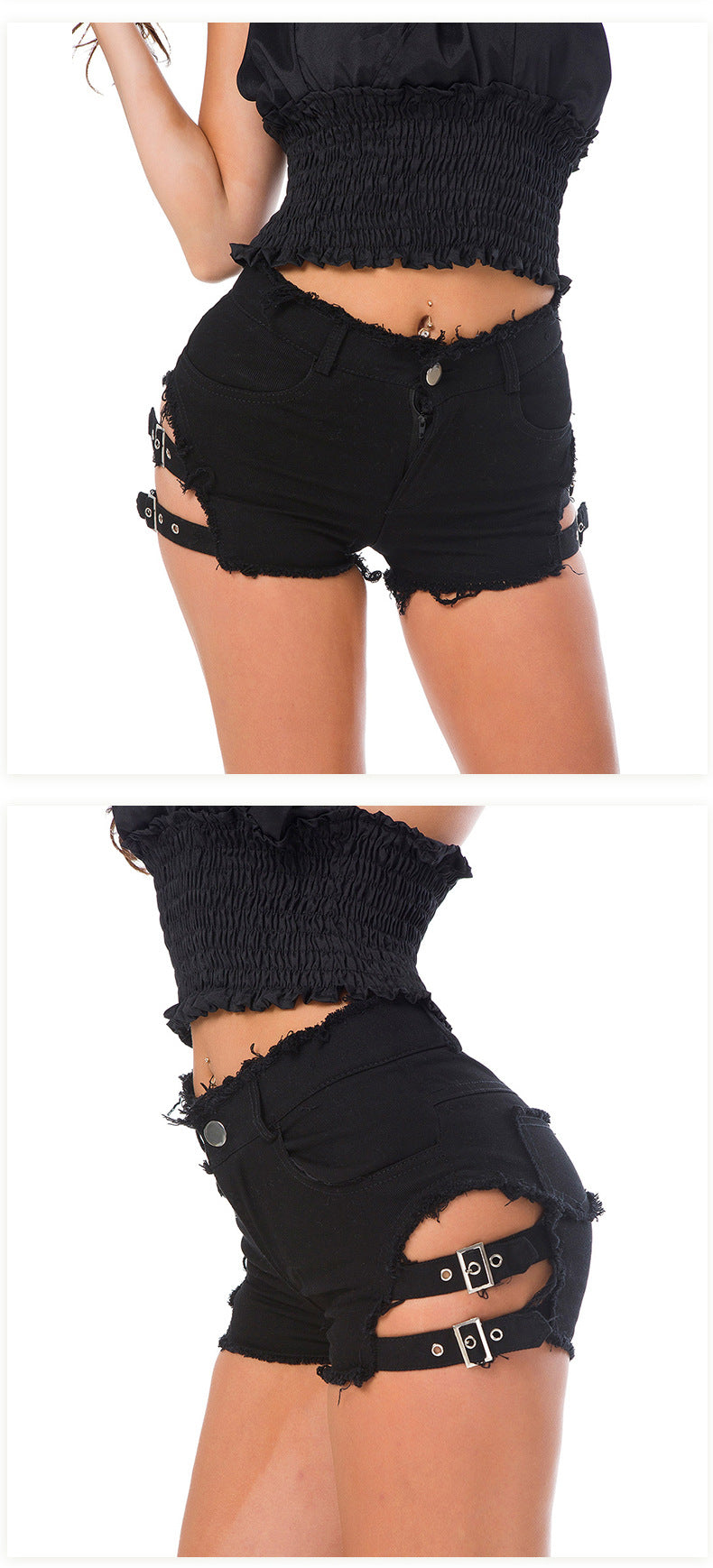 Buckles Sexy Ripped High Waisted Denim Hot Shorts, Sexy Jeans Nightclub Wear, Hot Pants 648