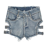 Buckles Sexy Ripped High Waisted Denim Hot Shorts, Sexy Jeans Nightclub Wear, Hot Pants 648