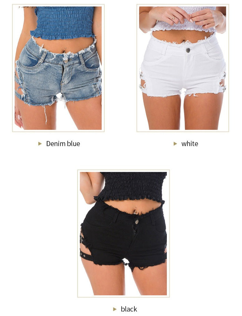 Buckles Sexy Ripped High Waisted Denim Hot Shorts, Sexy Jeans Nightclub Wear, Hot Pants 648