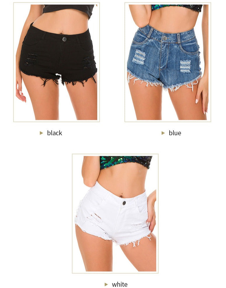 Back Stripes Ripped High Waisted Denim Hot Shorts, Sexy Jeans Nightclub Wear, Hot Pants