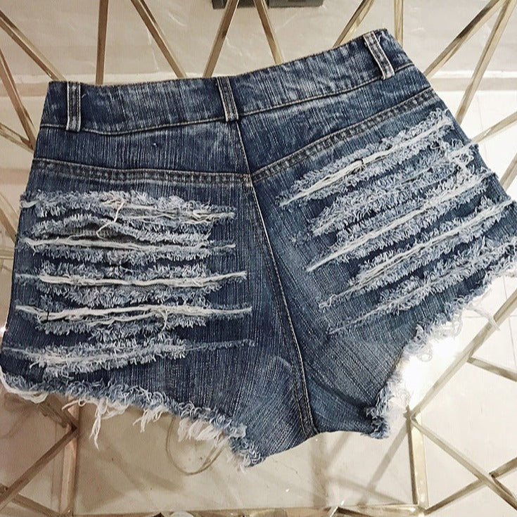 Back Stripes Ripped High Waisted Denim Hot Shorts, Sexy Jeans Nightclub Wear, Hot Pants