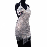 Carnival Cheer Leaders Fringed Shining Mini Slip Backless Dress with big Sequins! Sexy Clubwear Blingbling 2207