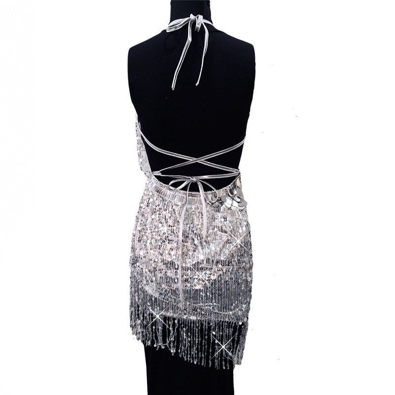 Carnival Cheer Leaders Fringed Shining Mini Slip Backless Dress with big Sequins! Sexy Clubwear Blingbling 2207