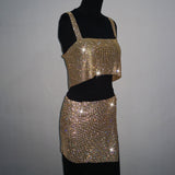 BlingBling Rhinestones Crop Tank Top with Skirt 2-Piece Set , Shining Crop Tops, ClubWear - KellyModa Store