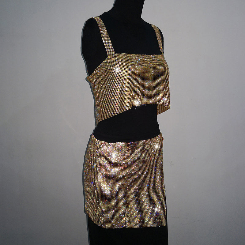 BlingBling Rhinestones Crop Tank Top with Skirt 2-Piece Set , Shining Crop Tops, ClubWear - KellyModa Store