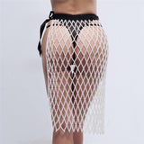 Luxury Asymmetric Pearl Beads See-through Mesh Skirt , Beach Bikini Cover Up ClubWear 2206