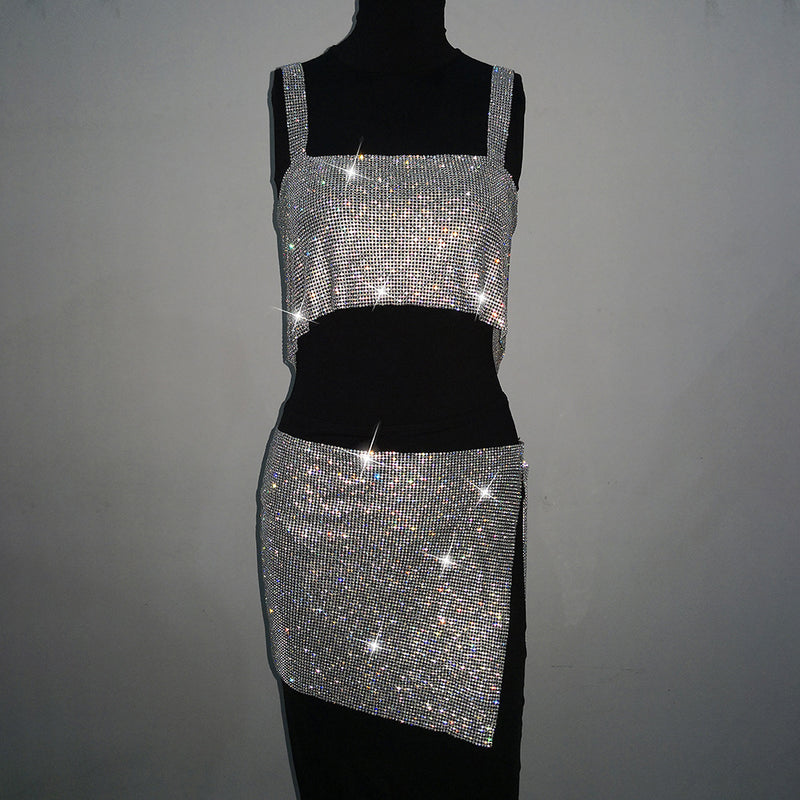 BlingBling Rhinestones Crop Tank Top with Skirt 2-Piece Set , Shining Crop Tops, ClubWear - KellyModa Store