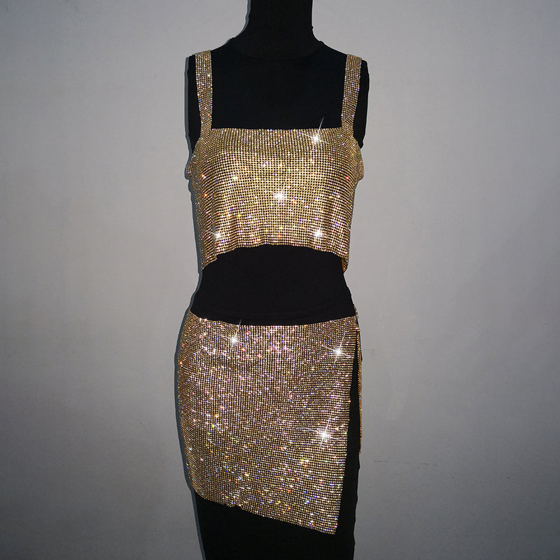 BlingBling Rhinestones Crop Tank Top with Skirt 2-Piece Set , Shining Crop Tops, ClubWear - KellyModa Store