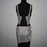 BlingBling Rhinestones Crop Tank Top with Skirt 2-Piece Set , Shining Crop Tops, ClubWear - KellyModa Store