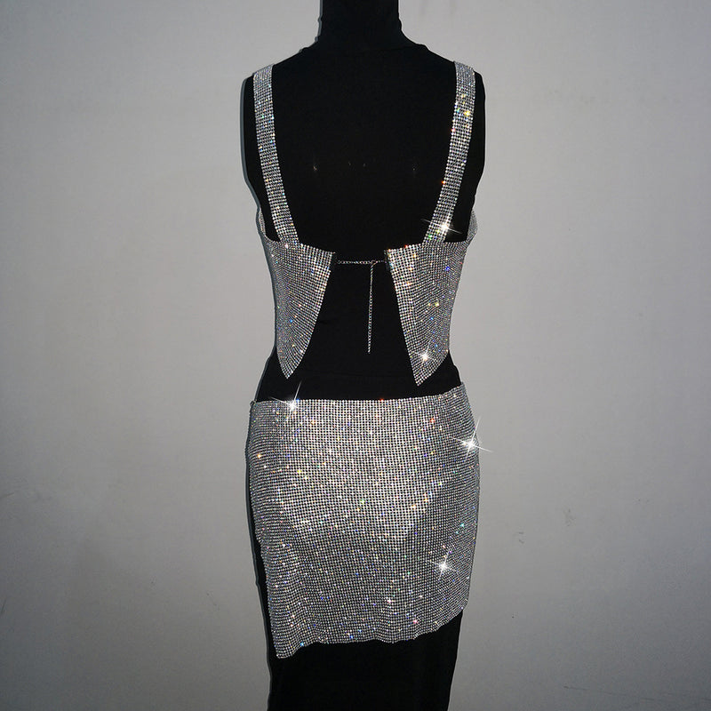 BlingBling Rhinestones Crop Tank Top with Skirt 2-Piece Set , Shining Crop Tops, ClubWear - KellyModa Store