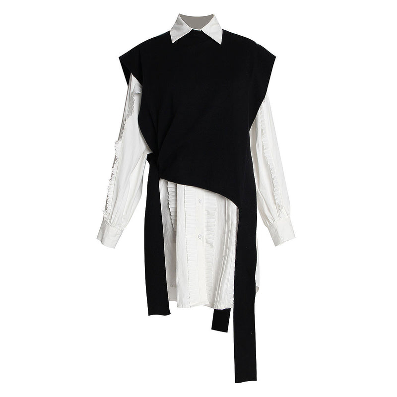 Black and White Knitted Sweater Vest and Shirt Dress 2-Piece Set! Office Fashion Shirt dress 2207