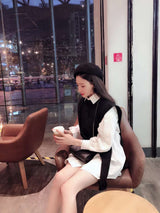 Black and White Knitted Sweater Vest and Shirt Dress 2-Piece Set! Office Fashion Shirt dress 2207