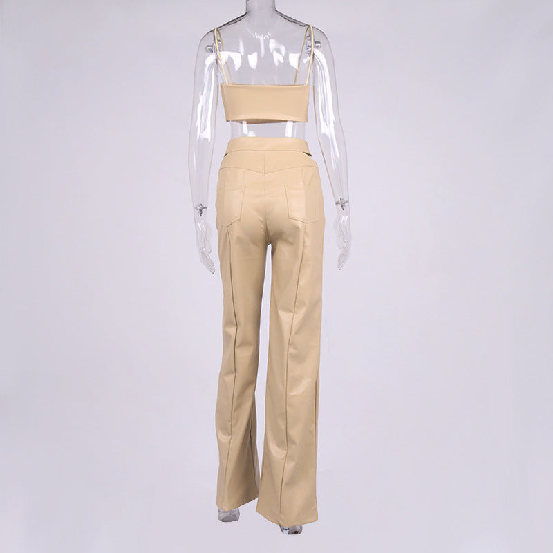 Sexy Patent Vegan PU Leather Crop Slip Top and Pants 2-piece set! Sexy Slip NightClub Fashion 2111 - KellyModa Store