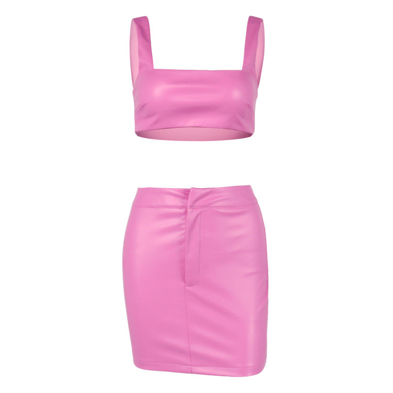 Sexy Patent Vegan PU Leather Crop Tank Top and Skirt 2-piece set! Sexy NightClub Wear Blogger Celebrity Fashion 2111 - KellyModa Store