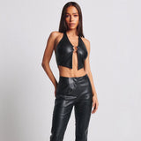 Leather Halter Crop Top with Metal Buckle! Sexy Patent Vegan PU Leather Vest Top 2301