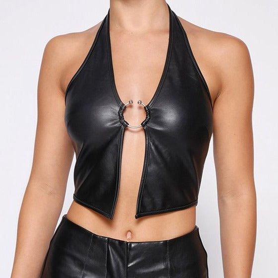 Leather Halter Crop Top with Metal Buckle! Sexy Patent Vegan PU Leather Vest Top 2301