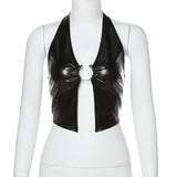 Leather Halter Crop Top with Metal Buckle! Sexy Patent Vegan PU Leather Vest Top 2301