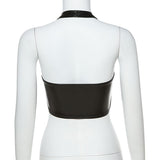 Leather Halter Crop Top with Metal Buckle! Sexy Patent Vegan PU Leather Vest Top 2301