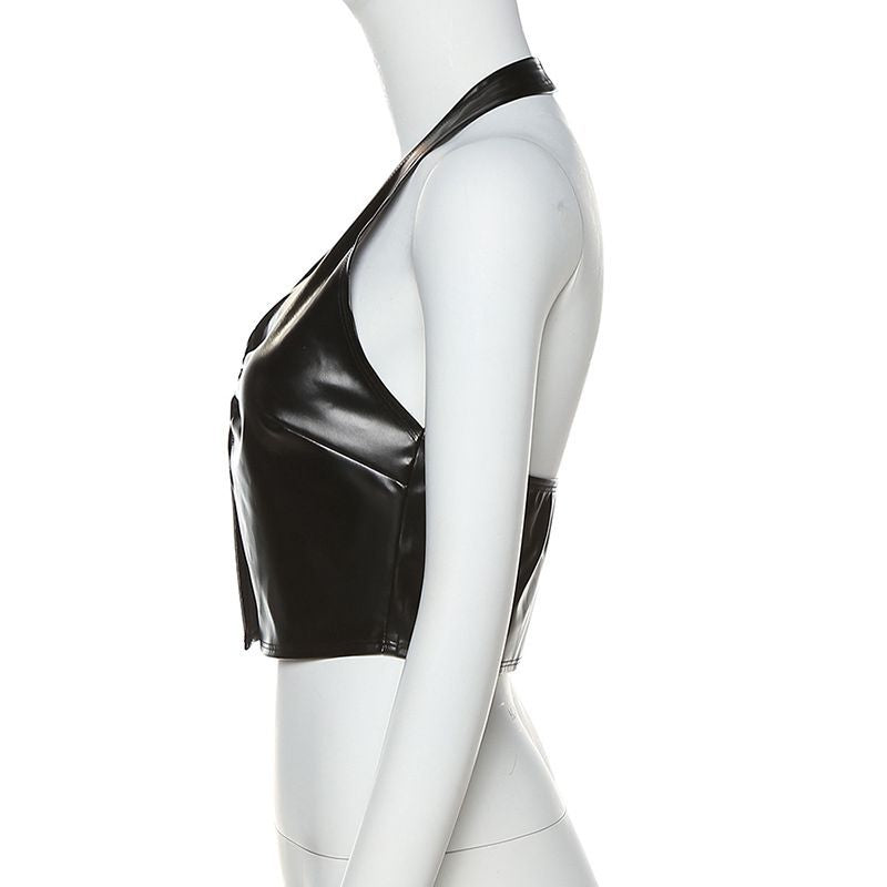 Leather Halter Crop Top with Metal Buckle! Sexy Patent Vegan PU Leather Vest Top 2301