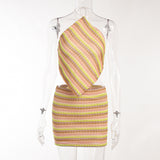 Striped Knitwear Backless Top and Skirt 2-piece Set! Sexy Tops and Skirt Fashion 2205