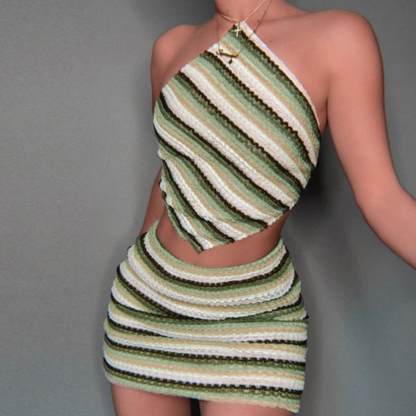 Striped Knitwear Backless Top and Skirt 2-piece Set! Sexy Tops and Skirt Fashion 2205