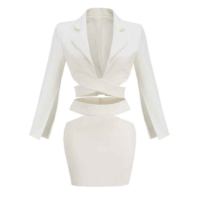 Long Sleeves White Cut Out Blazer Top and mini Skirt 2-Piece Set! High Street Fashion 2112 - KellyModa Store