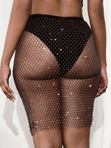 Sexy See-through Mesh Skirt with Shining Rhinestones , Bikini Cover Up Skirt, ClubWear