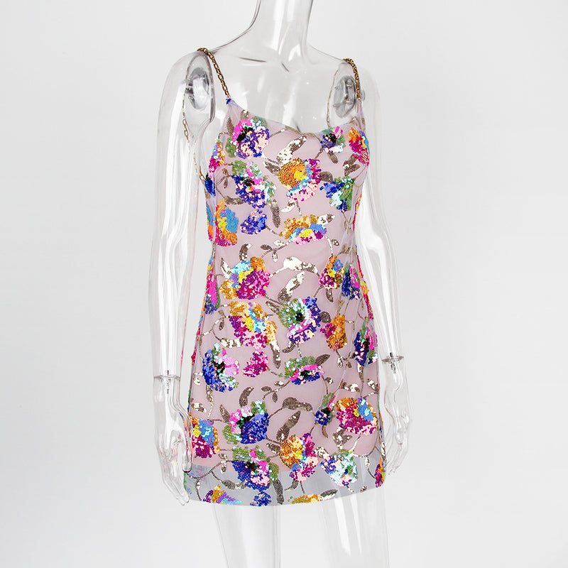 Luxury Sweet Style Floral Backless Slip Dress with Sequins! Sexy Floral Mini Dress 2112 - KellyModa Store