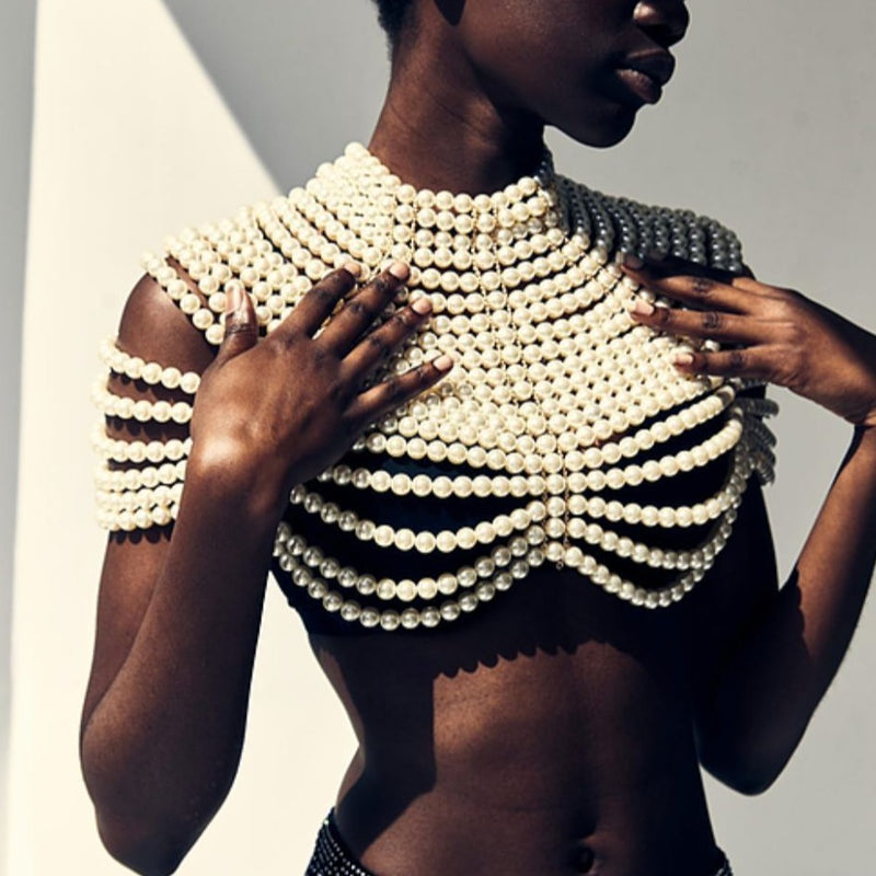 Pearl Shirt! Chic Faux Pearl Beads Crop Top, Luxury Shining Hot Tops for Club Party