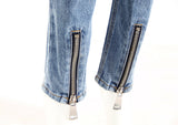 Sloped Fly Zipper! High Waisted Straight Leg Blue Denim Jeans with Oblique Fly, Femme Bottoms