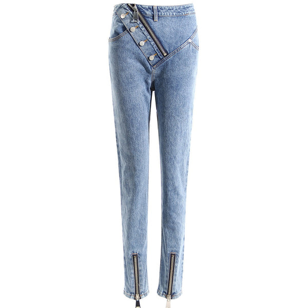 Sloped Fly Zipper! High Waisted Straight Leg Blue Denim Jeans with Oblique Fly, Femme Bottoms