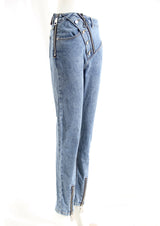 Sloped Fly Zipper! High Waisted Straight Leg Blue Denim Jeans with Oblique Fly, Femme Bottoms