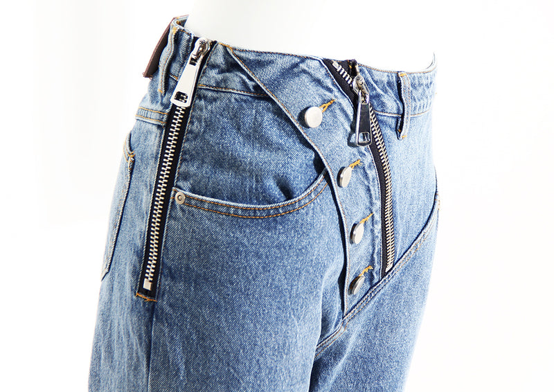 Sloped Fly Zipper! High Waisted Straight Leg Blue Denim Jeans with Oblique Fly, Femme Bottoms