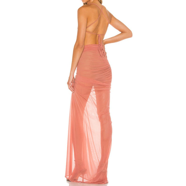 Pink elegant See-through Goddess Long Backless Dress!  Sweet Sexy Event Mesh Long Event Dress 2304