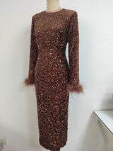 Long Sleeve Blingbling Shining  Sequins Event Dress with Ostrich Feathers! Sexy Dress Party Dress 2210