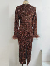 Long Sleeve Blingbling Shining  Sequins Event Dress with Ostrich Feathers! Sexy Dress Party Dress 2210