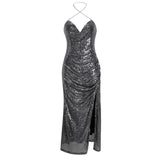 Silver Shine Long Halter Dress! Sexy Party Event Halter Night Dress Hot Fashion 2205