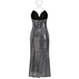 Silver Shine Long Halter Dress! Sexy Party Event Halter Night Dress Hot Fashion 2205