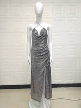 Silver Shine Long Halter Dress! Sexy Party Event Halter Night Dress Hot Fashion 2205