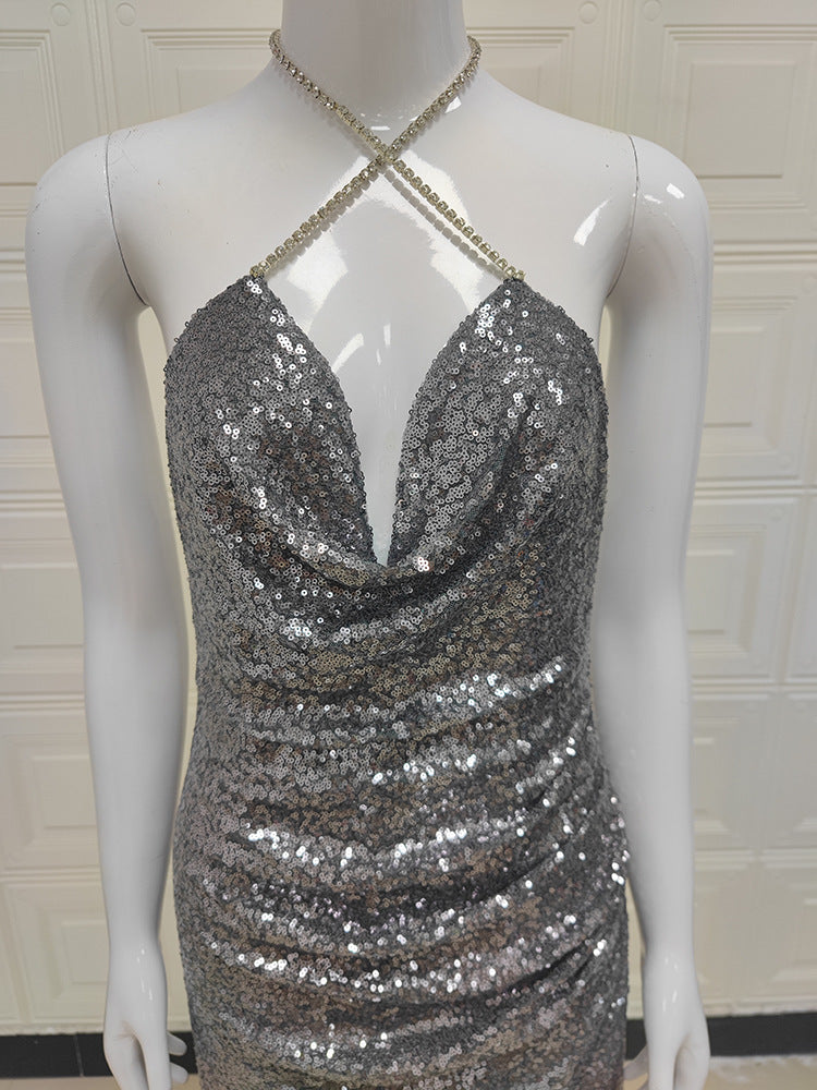 Silver Shine Long Halter Dress! Sexy Party Event Halter Night Dress Hot Fashion 2205